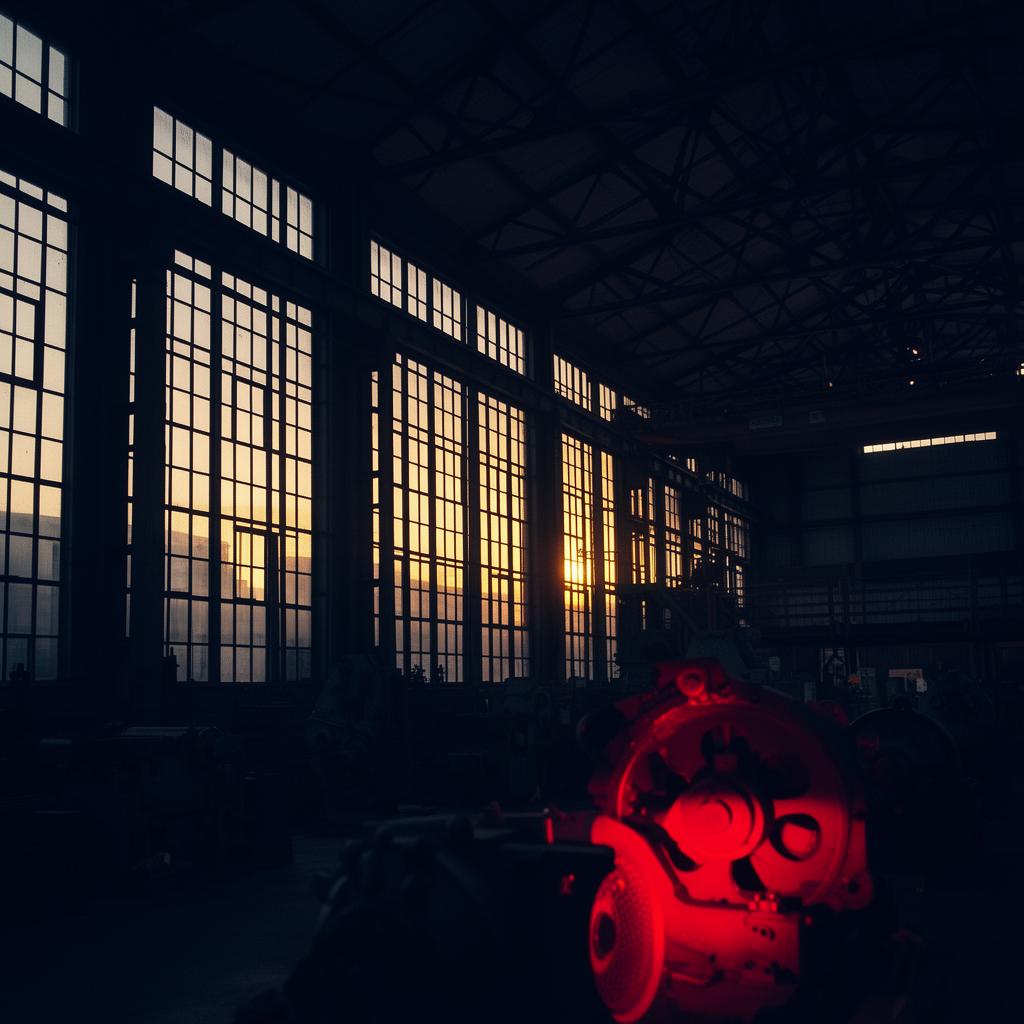 Dusk light through tall industrial windows inside a British factory